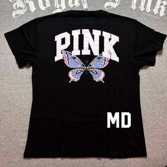 PINK Victoria's Secret Tops - VS PINK Limited Edition Pure Black Butterfly Short Sleeve Cotton Tee Shirt - MD